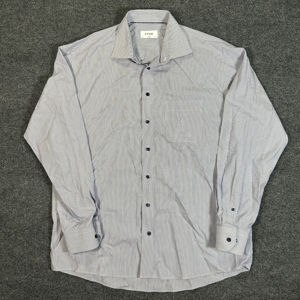 Eton Classic Fit Dress Shirt Men's Size 17.5 44 Blue White Micro Stripe Pocket